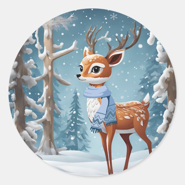 Sticker Rond Noël du mignon cerf en hiver (Devant)