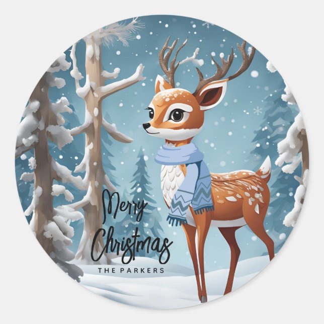 Sticker Rond Noël du mignon cerf en hiver (Devant)