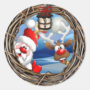 Sticker Rond Noël du Père Noël et du renne
