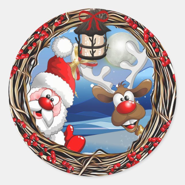 Sticker Rond Noël du Père Noël et du renne (Devant)