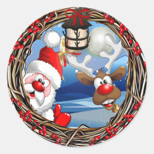 Sticker Rond Noël du Père Noël et du renne