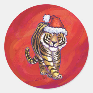 Sticker Rond Noël du tigre en rouge