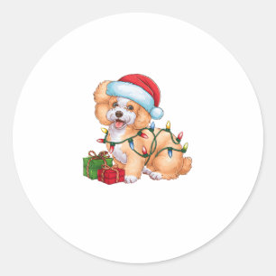 Sticker Rond Noël Éclairage Santa Chapeau Bichon Frise Chien No
