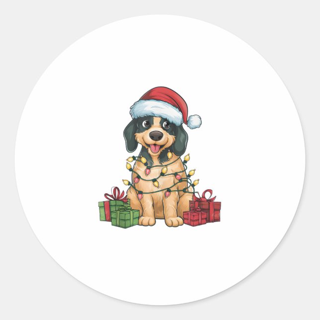 Sticker Rond Noël Éclairage Santa Chapeau Pudelpointer Chien No (Devant)