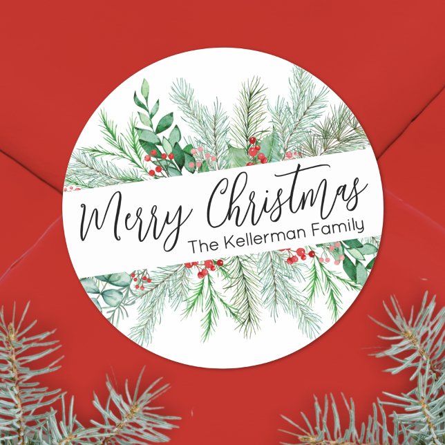 Sticker Rond Noël Élégant à la Botanique Verte (Elegant Bontanical Greenery Merry Christmas Classic Round Sticker)