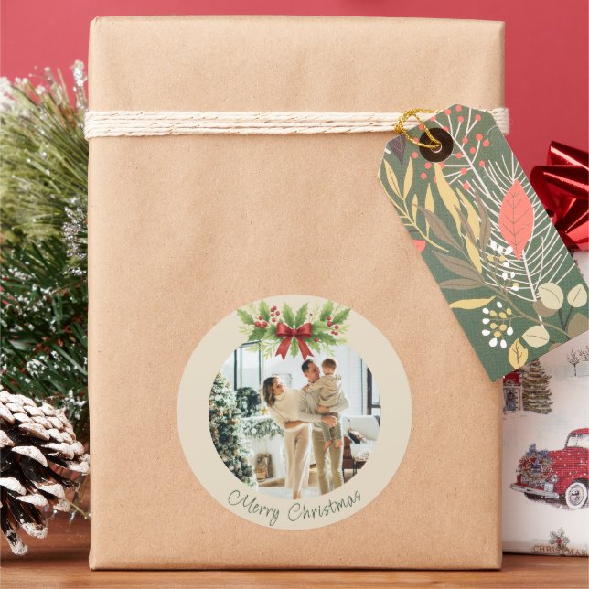 Sticker Rond Noël Élégant Holly & Ruban Rouge -  (vacances)