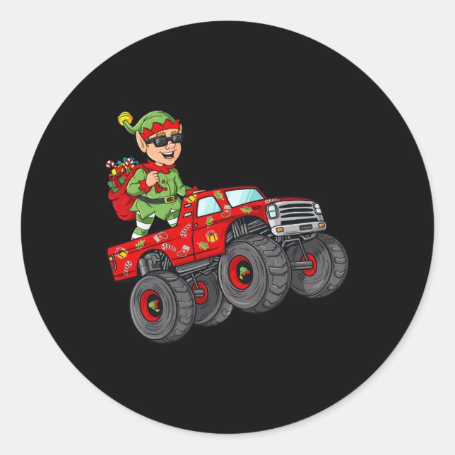 Sticker Rond Noël Elf équitation Monster Camion Garçons Enfants (Devant)