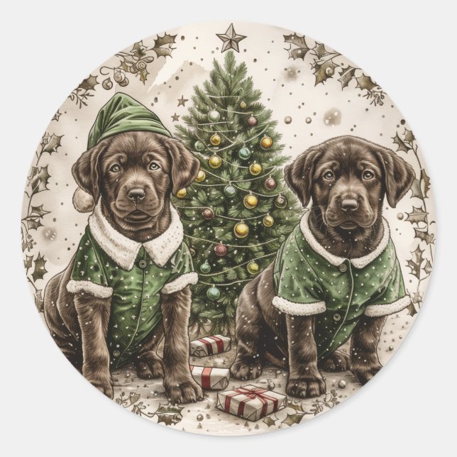 Sticker Rond Noel Elf Labrador Retriever Puppy (Devant)