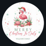 Sticker Rond Noël en Flamant rose juillet<br><div class="desc">Envisagez une scène charmante où un délicieux flamant rose, orné d'un chapeau de Père Noël festif, pose gracieusement à côté d'un éventail d'étoiles de mer, de coquillages et de coraux. L'ensemble est baigné d'harmonieuses nuances de vert et de rose, ce qui en fait le motif parfait pour une fête de...</div>