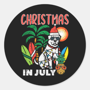 Sticker Rond Noël en Juillet Amateur de Chien Plage Xmas Été Ho