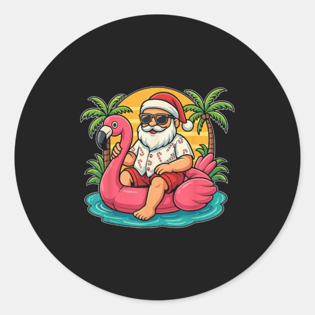 Sticker Rond Noël En Juillet Chemise Père Noël Flamant rose Flo (Devant)