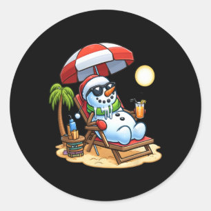 Sticker Rond Noël En Juillet Drôle Snowman Summer Fun Beach H