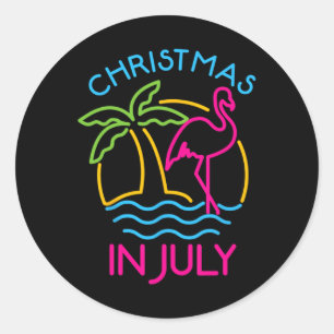Sticker Rond Noël en juillet Flamant rose Chapeau de Père Noël