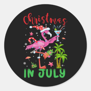 Sticker Rond Noël En Juillet Flamant rose Père Noël Summer Xmas