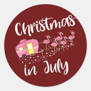 Sticker Rond Noël En Juillet Flamant rose Pink Funny Camping