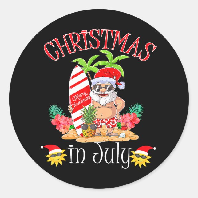 Sticker Rond Noël En Juillet Funny Père Noël Summer Beach (Devant)
