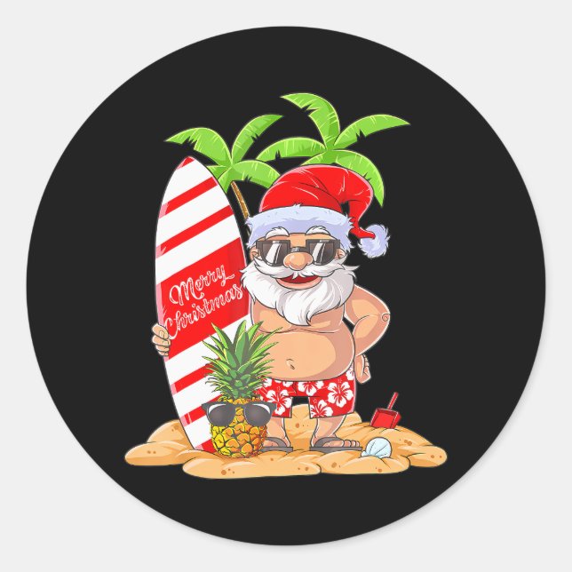 Sticker Rond Noël en juillet Père Noël Hawaiian Summer Surf (Devant)