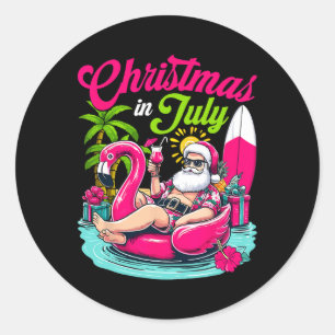 Sticker Rond Noël en juillet Santa Claus Hawaïen Plage Été