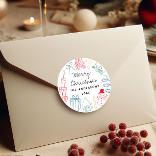 Sticker Rond Noël fantaisiste et coloré, gribouillis dessiné à 