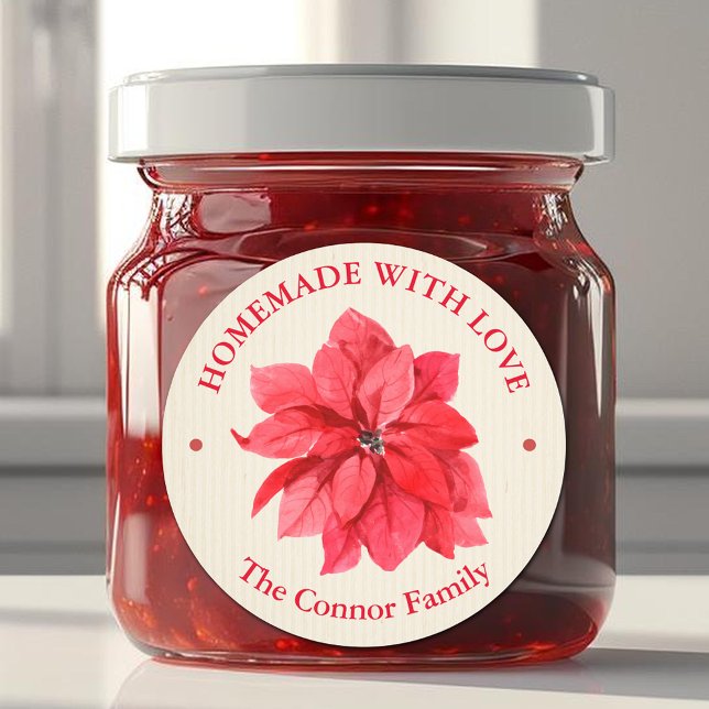 Sticker Rond Noël Fleurs Florales Faite Avec Amour (Homemade With Love Christmas Floral Poinsettia 3" Round Stickers)