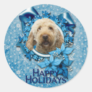 Sticker Rond Noël - Flocon de neige bleu - Goldendoodle