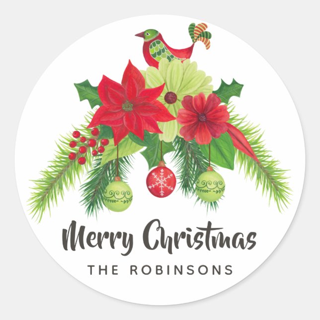 Sticker Rond Noël floral aquarelle d'art populaire (Devant)