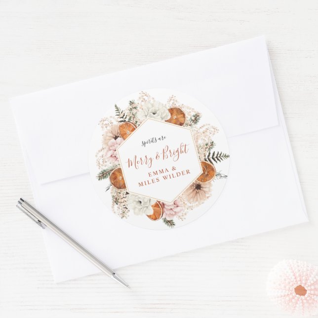 Sticker Rond Noël Floral Citrus Rustique Fêtes (Enveloppe)