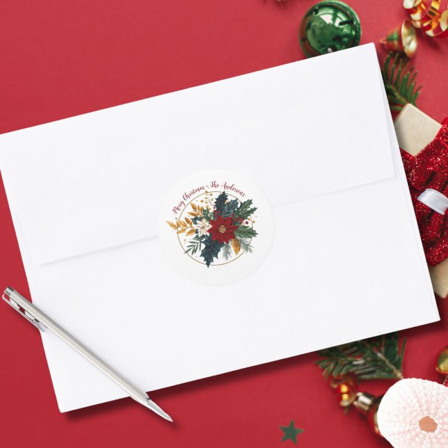 Sticker Rond Noël Floral Rouge Vert Or personnalisé (Red Green Gold Floral Botanical Personalized Christmas Holiday Stickers)