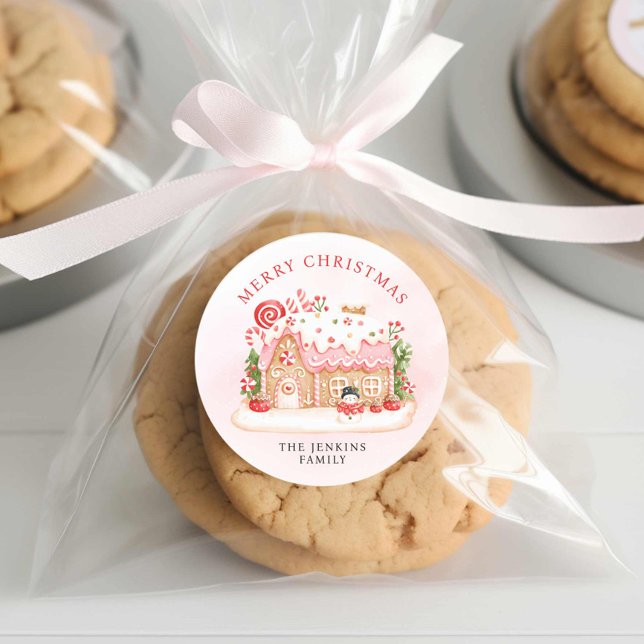 Sticker Rond Noël Gingerbread Maison cadeau (Merry Christmas Gingerbread Personalized Round Stickers)