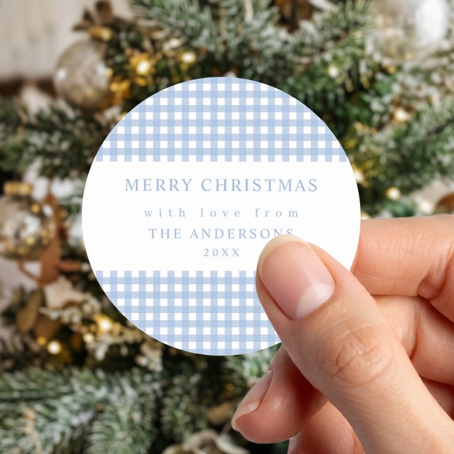 Sticker Rond Noël Gingham Bleu Poussiéreux (Créateur téléchargé)