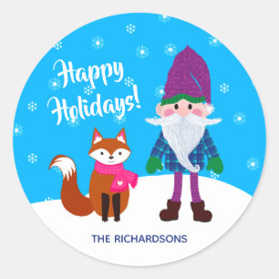 Sticker Rond Noël Gnome Fox Snowflakes Personnalisé Bleu