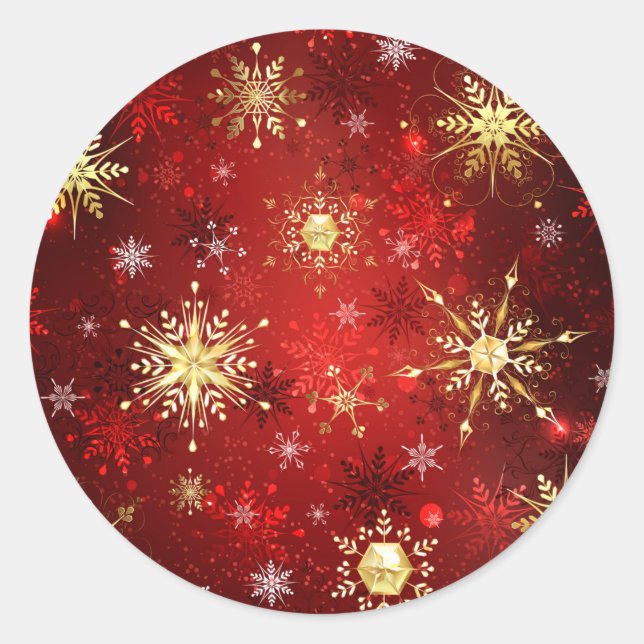 Sticker Rond Noël Golden Snowflakes sur Arrière - plan rouge (Devant)