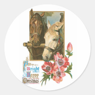 Sticker Rond Noël heureux lumineux - chevaux vintages