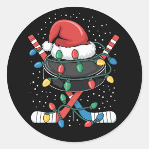 Sticker Rond Noël Hockey Xmas Père Noël Sports Chapeau Balle