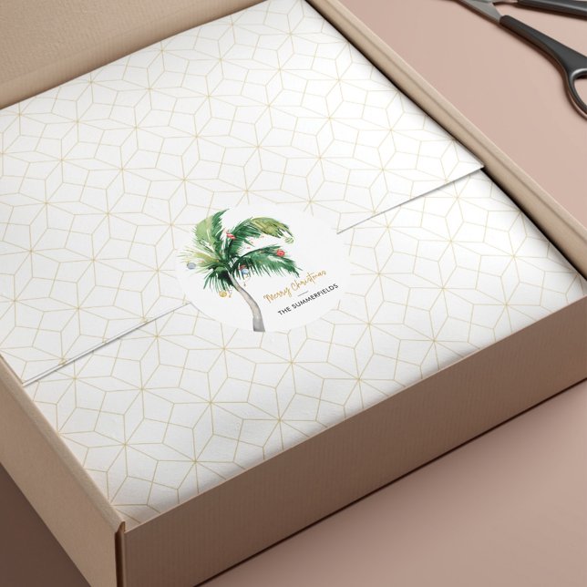 Sticker Rond Noël Holiday Palm Tree Nom de famille (Palm Tree Christmas Script Elegant Stickers)