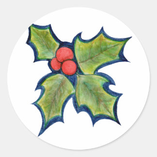 Sticker Rond Noël Holly Feuilles, Berries rouges