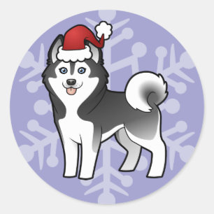 Sticker Rond Noël Husky sibérien / Malamute d'Alaska