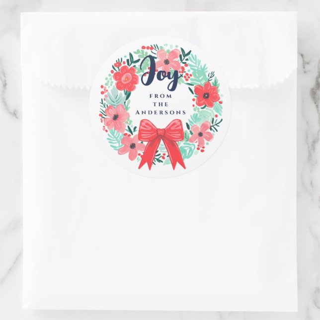 Sticker Rond Noël Joie Bow Wreath Blue Holiday (Sac)