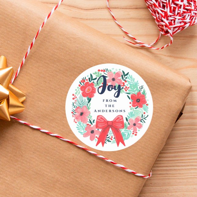 Sticker Rond Noël Joie Bow Wreath Blue Holiday (Créateur téléchargé)