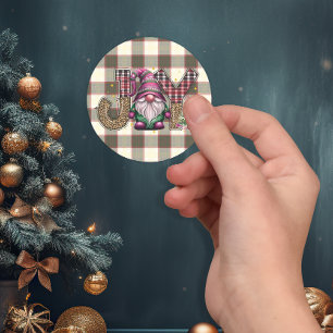 Sticker Rond Noël Joy Nordic Gnome Plaid Girly