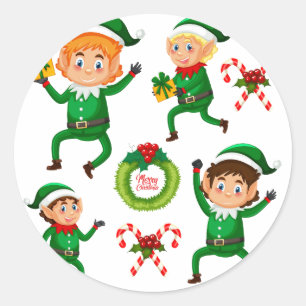 Sticker Rond Noël Joyeux elfe avec Motif cadeau