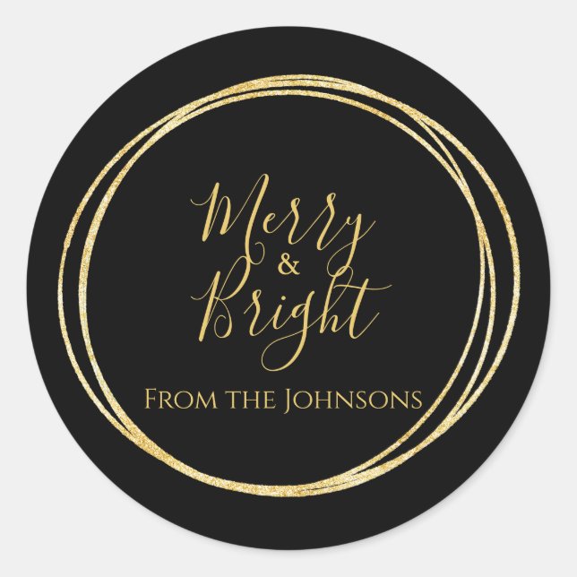 Sticker Rond Noël Joyeux et Lumineux Nom de Famille Noir Or (Devant)