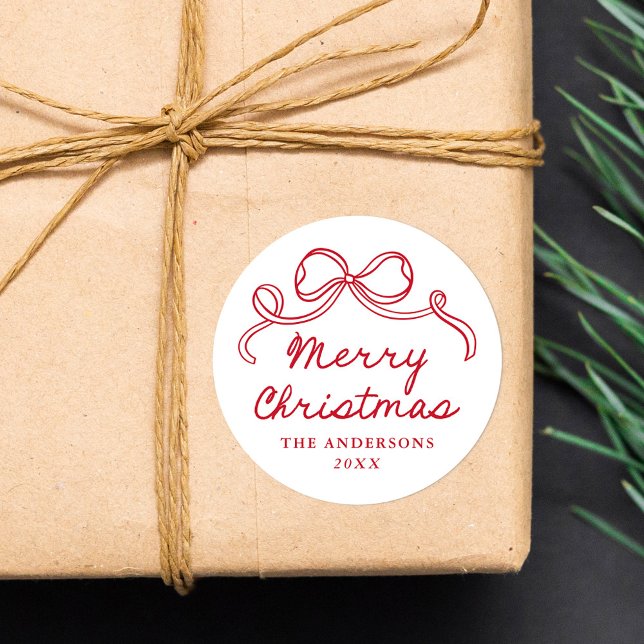 Sticker Rond Noël joyeux nœud rouge fantaisie dessiné à la main (Créateur téléchargé)
