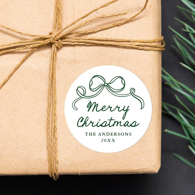 Sticker Rond Noël joyeux nœud vert fantaisiste dessiné à la mai (Créateur téléchargé)