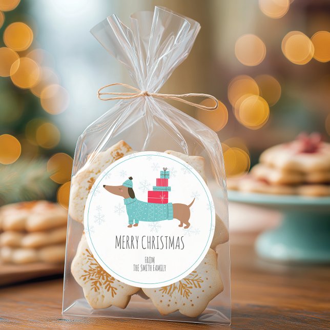 Sticker Rond Noël joyeux personnalisé teckel (Personalized Christmas Dog Sticker
)