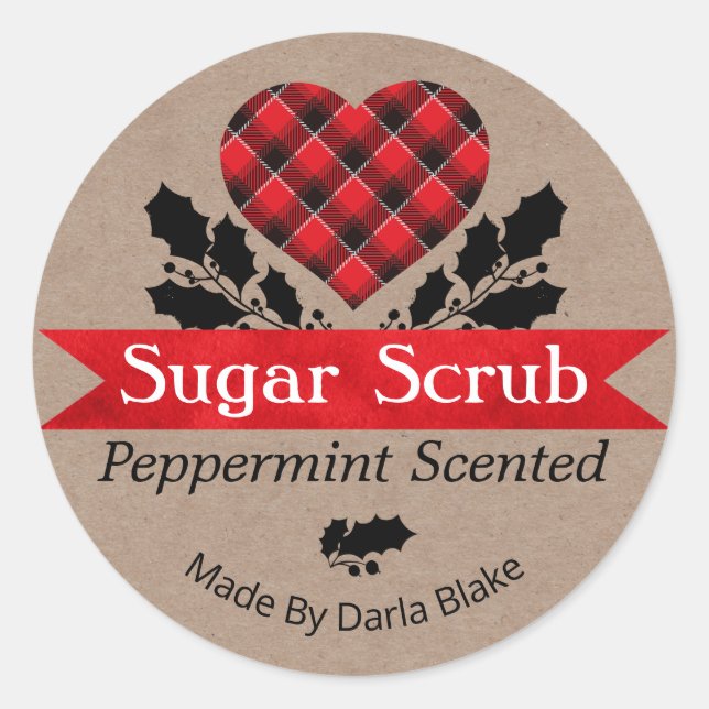 Sticker Rond Noël Kraft Peppermenthe Plaid Sugar Scrub Étiquett (Devant)