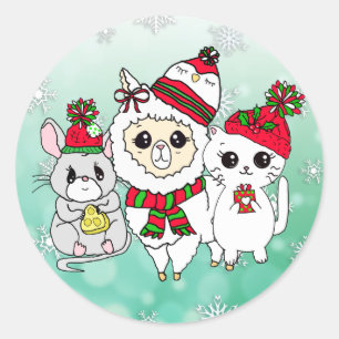 Sticker Rond Noël Llama, Kitten et Souris
