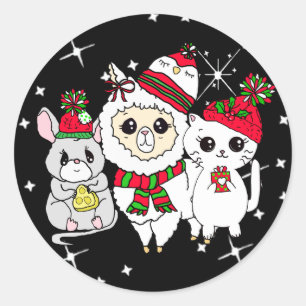 Sticker Rond Noël Llama, Kitten et Souris