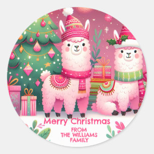 Sticker Rond Noël Llama rose