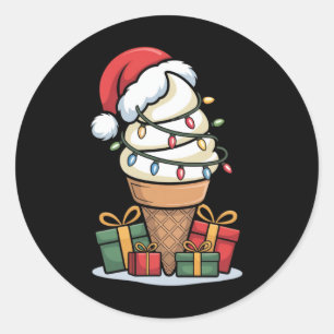 Sticker Rond Noel Lumières Glace Cone de crème avec Santa Hat D